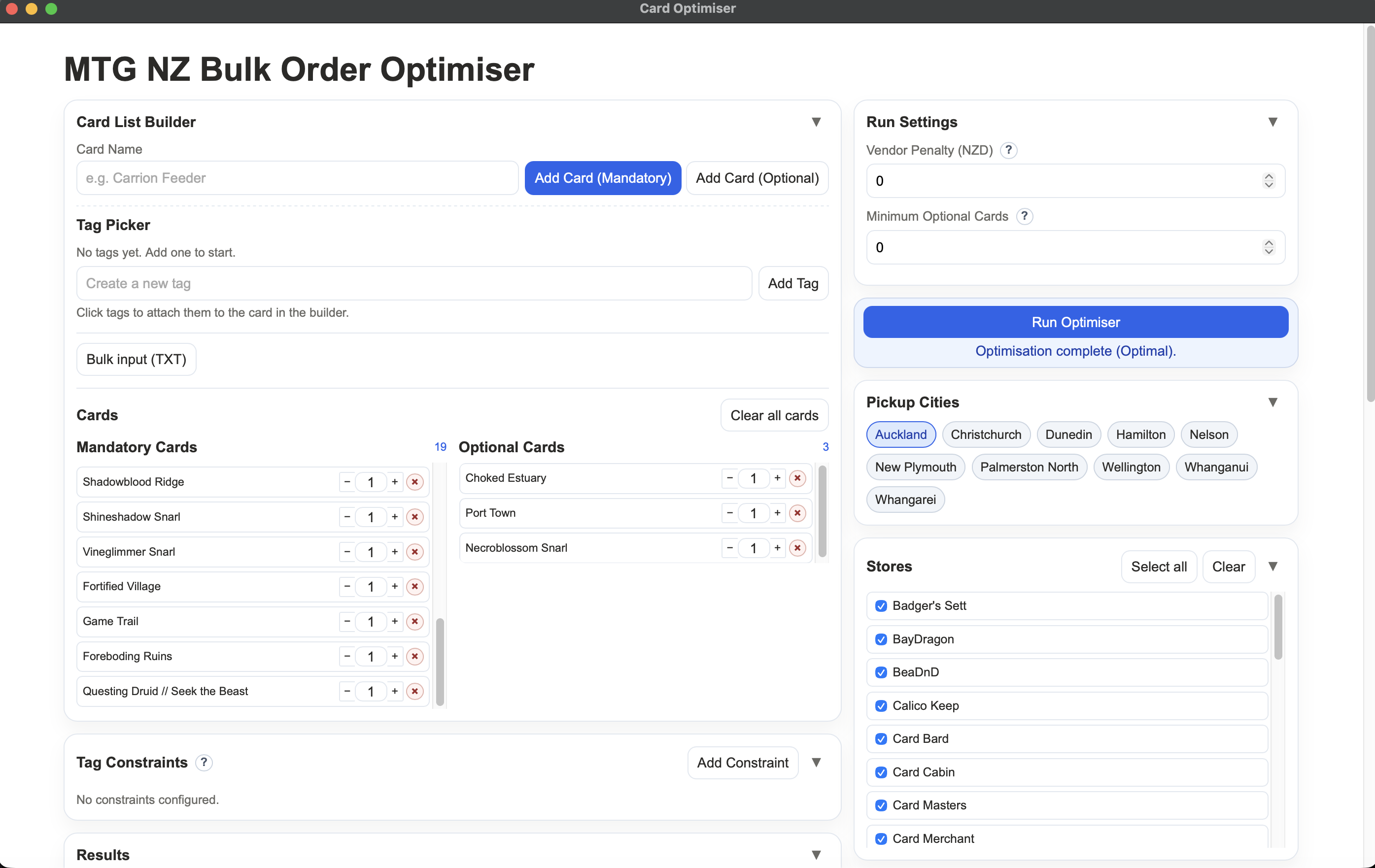 Bulk Singles interface showing the card list builder, optimisation settings, results, and store filters.